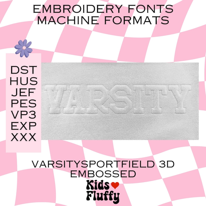 Może przedstawiać: Wyszywany tekst "VARSITY" w kolorze białym na białym tle. Tekst jest w 3D, w stylu tłoczonego. Obraz zawiera tekst "VARSITYSPORTFIELD 3D EMBOSSED" i logo "Kids Fluffy" z czerwonym sercem.