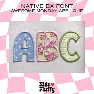 May include: A set of three felt applique letters, A, B, and C, in blue, pink, and green. Each letter has a different pattern, including stars, flowers, and gingham.