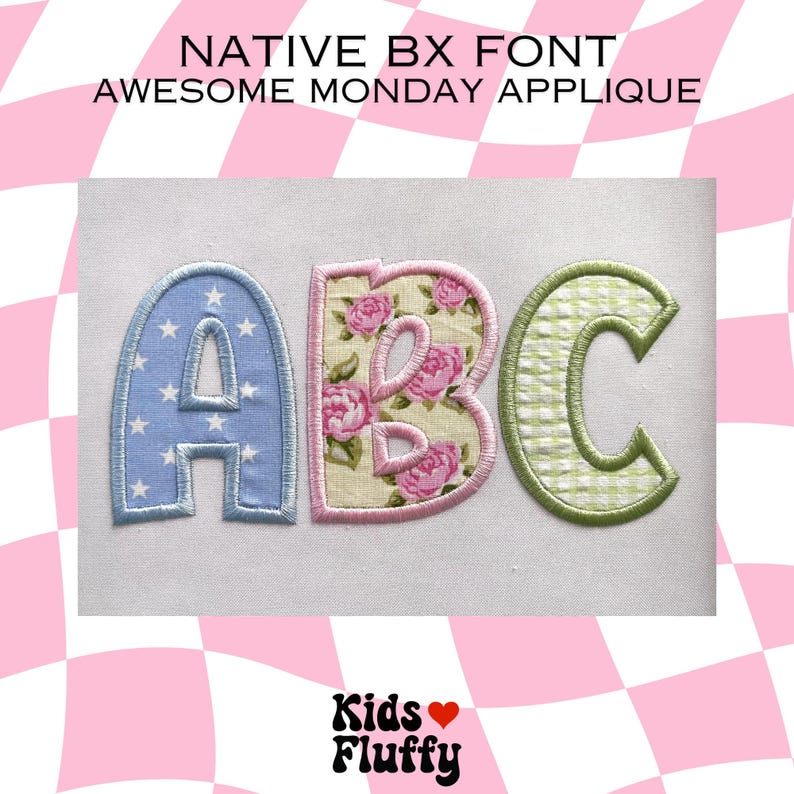May include: A set of three felt applique letters, A, B, and C, in blue, pink, and green. Each letter has a different pattern, including stars, flowers, and gingham.