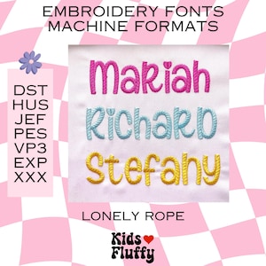 May include: An image showcasing embroidery fonts and machine formats. The names "Mariah", "Richard", and "Stefany" are displayed in pink, blue, and yellow thread, respectively. The image also includes the text "EMBROIDERY FONTS MACHINE FORMATS" and "LONELY ROPE".
