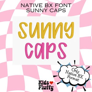 Könnte beinhalten: Ein digitales Design mit den Wörtern "SUNNY CAPS" in Gelb und Pink. Der Text "NATIVE BX FONT" steht darüber, und eine Sprechblase sagt "Only Native BX Format". Das Design enthält auch die Wörter "Kids Fluffy" unten.