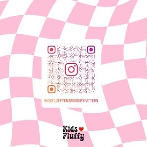 May include: A pink and white checkered background with a QR code in the center. The QR code is surrounded by a white border and the text "KIDSFLUFFYEMBROIDERYPATTERN". Below the QR code is the text "Kids Fluffy" with a red heart.