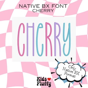 Pode incluir: Um design gráfico com a palavra "CHERRY" em uma fonte alta e extravagante. As letras são em tons de rosa, azul e roxo. O fundo é um padrão xadrez rosa e branco. O texto na parte superior diz "NATIVE BX FONT CHERRY".