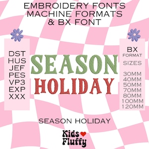 Op de afbeelding: Een roze en witte geruite achtergrond met de tekst "EMBROIDERY FONTS, MACHINE FORMATS & BX FONT". De woorden "SEASON HOLIDAY" zijn in groen en rood. De afbeelding bevat ook lettergroottes.