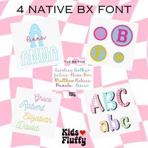 May include: A collection of colorful, playful fonts for kids. The fonts are displayed on a pink and white checkered background. The fonts include a variety of styles, including block letters, script, and bubble letters. The text "4 NATIVE BX FONT" is displayed at the top of the image. The text "Kids Fluffy" is displayed at the bottom of the image.