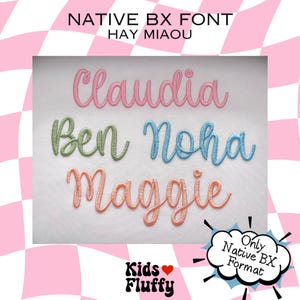 Hay Miaou BX Stickschrift – Native BX-Schriftart für Embrilliance – Script-Satinstich-Alphabet für Namen & Geschenke