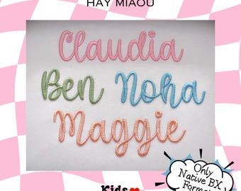 Hay Miaou BX Embroidery Font – Native BX for Embrilliance – Script Satin Stitch Alphabet for Names & Gifts