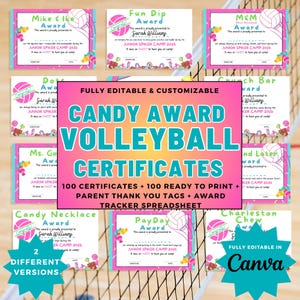 May include: A collection of colorful candy-themed volleyball certificates. The certificates feature a volleyball graphic, text, and decorative elements. The certificates are fully editable and customizable.