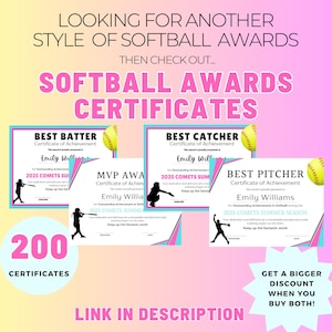 May include: Softball awards certificates with text that reads "Best Batter", "Best Catcher", "Best Pitcher", and "MVP Award". The certificates are pink, blue, and white with a softball graphic. The image also includes the text "200 Certificates".