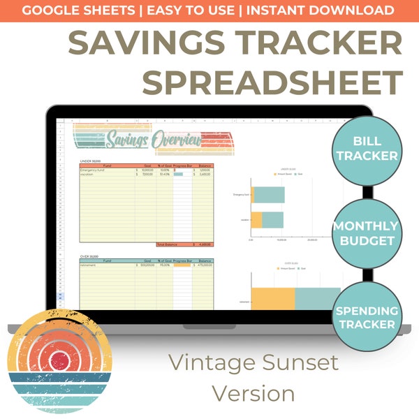 Vintage Sunset Savings Tracker Spreadsheet | Budget Planner | Money Management | Saving Goals | Money Saving System | Google Sheets