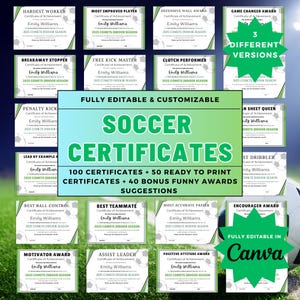 Soccer Awards Certificates – 150 End of Season Awards, Fully Editable Canva Templates + Ready-to-Print Versions, Funny or Serious Options