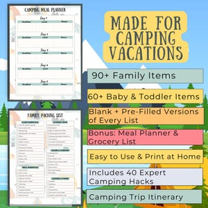 Puede incluir: Una lista de verificaci&oacute;n de camping imprimible con un fondo de monta&ntilde;a verde, amarillo y naranja. La lista de verificaci&oacute;n incluye un planificador de comidas, una lista de empaque familiar, art&iacute;culos para beb&eacute;s y ni&ntilde;os peque&ntilde;os, y consejos para acampar. El texto "Made for Camping Vacations" est&aacute; en un cuadro blanco con un borde verde.
