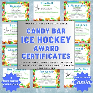 Puede incluir: Certificados de premios de hockey sobre hielo con temática de dulces. Los certificados presentan bordes coloridos con gráficos de dulces e iconos relacionados con el hockey. El texto incluye "Candy Bar Ice Hockey Award Certificates" y "Fully Editable & Customizable".