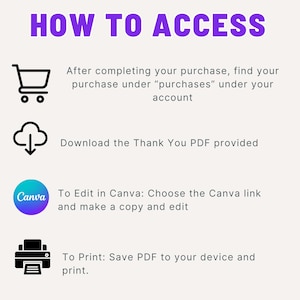 May include: A graphic with the text "HOW TO ACCESS" in purple. Instructions include finding purchases, downloading a PDF, editing in Canva, and printing. Icons of a shopping cart, cloud, Canva logo, and printer are included.