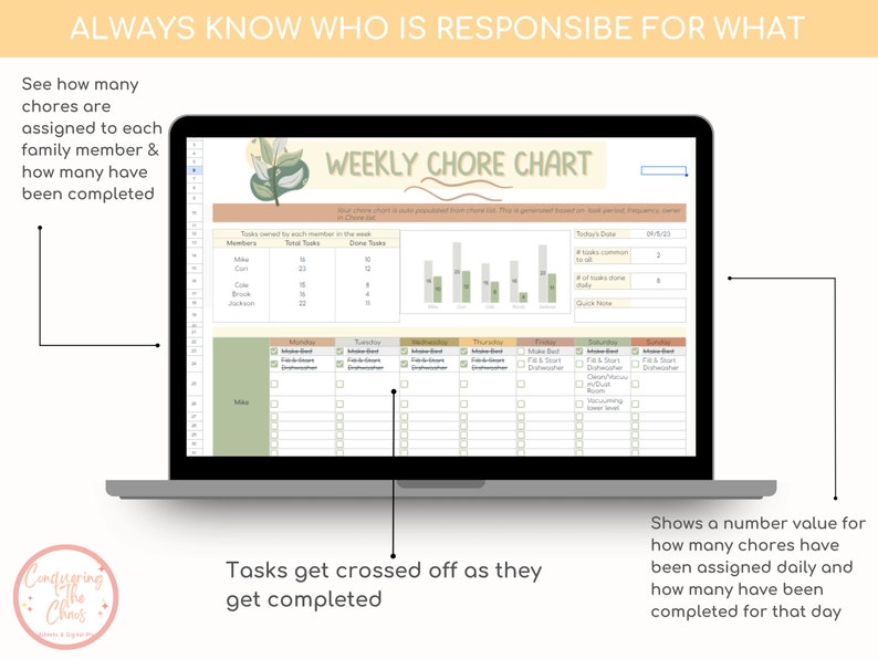 Boho Floral Family Chore Chart Easy-to-use Spreadsheet for Daily ...