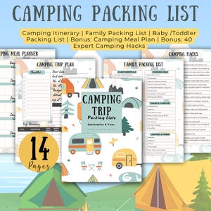 Camping Packliste druckbares Bundle - Familien Packliste, Camping Reiseplaner, Mahlzeitenplaner, Kinder Packliste, bearbeitbar & PDF