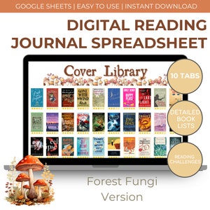 Forest Fungi Digital Reading Journal | Reading Planner | Book Tracker Spreadsheet | Reading Log | Book Lover&#39;s Hub | Record up to 500 Books