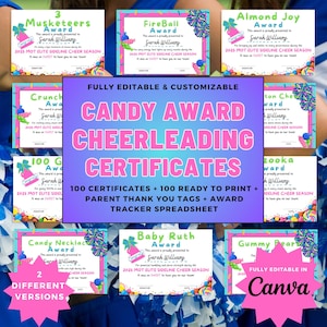 May include: A collection of colorful candy-themed cheerleading award certificates. The certificates feature various designs with text like "Musketeers Award" and "Baby Ruth Award." The image also includes the text "FULLY EDITABLE & CUSTOMIZABLE" and "CANDY AWARD CHEERLEADING CERTIFICATES."