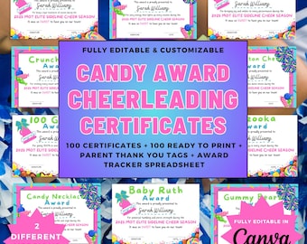 Cheer and Cheerleading Candy Bar Awards | 200 Certificates | 2 Designs | Printable and Editable Canva Templates | Includes Tracker and Tags