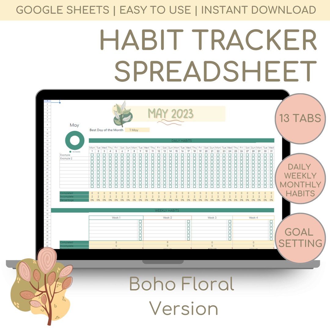 Boho Floral Habit Tracker Template - Google Sheets - Daily Weekly ...