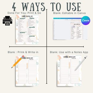 Puede incluir: Cuatro formas de usar una lista de verificaci&oacute;n de campamento imprimible. La imagen muestra cuatro formas diferentes de usar la lista de verificaci&oacute;n: imprimir y listo, editar en Canva, escribir y usar con una aplicaci&oacute;n de notas. La lista de verificaci&oacute;n est&aacute; dise&ntilde;ada con un tema de campamento lindo e incluye una variedad de art&iacute;culos para empacar para un viaje de campamento.