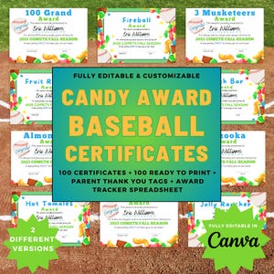 Puede incluir: Una colección de coloridos certificados de béisbol con gráficos de dulces y béisbol. Los certificados son para la temporada de otoño de los Cometas de 2025 y son totalmente editables. Incluye 100 certificados, etiquetas listas para imprimir y una hoja de cálculo.