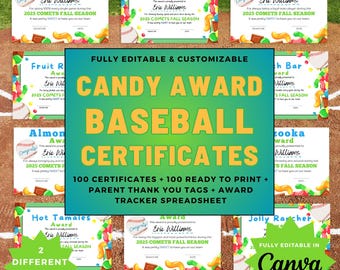 Baseball Candy Bar Auszeichnungen | Druckbare, bearbeitbare Urkunden | Ende der Saison Team Bankett Zertifikate für Spieler & Trainer