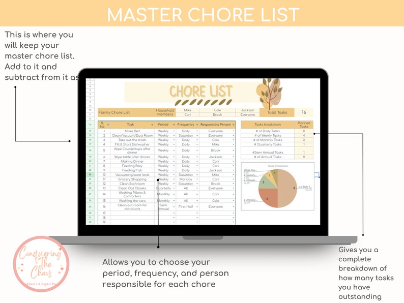 Boho Floral Family Chore Chart Easy-to-use Spreadsheet for Daily ...