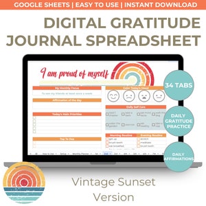 Digital tacksamhetsdagbok för vintagesolnedgången: Google Sheets-planerare (digital nedladdning)