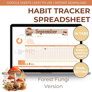 Forest Fungi Weekly Habit Tracker and Daily Routine - Spreadsheet Planner - Yearly Habit Tracker - Google Sheets Productivity Planner