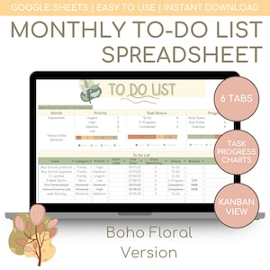 Op de afbeelding: Een laptopscherm dat een Google Sheets-spreadsheet-sjabloon voor een maandelijkse to-do-lijst weergeeft. De spreadsheet heeft een boho-bloemendesign met groene en bruine accenten. De spreadsheet bevat kolommen voor taken, categorieën, prioriteit, startdatum, vervaldatum, resterende dagen, status en percentage voltooid. De spreadsheet bevat ook een sectie voor taakvoortgangsgrafieken en een Kanban-weergave.