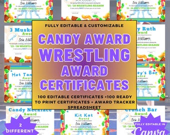 Wrestling Candy Bar Awards Printable, 50 Candy Themed Team Banquet Certificates, Editable Canva End of Season Coach Gifts