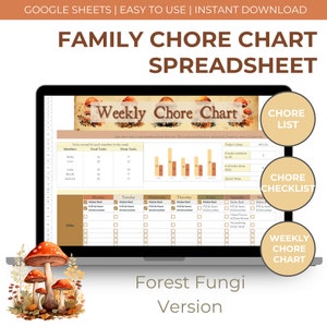 Forest Fungi Family Chore Chart | Easy-to-use spreadsheet for daily, weekly, monthly, quarterly, & annual tasks | Customizable
