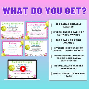 May include: A digital product featuring softball-themed awards with candy and softball graphics. The awards are for the 2025 Comets Summer Season. The image also includes a laptop screen displaying an award and a list of included items.