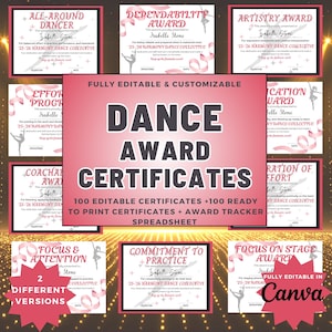 Puede incluir: Un conjunto de certificados de premios de baile con detalles en rosa y blanco. Los certificados son para varios logros, incluyendo arte, esfuerzo y enfoque. El texto de los certificados incluye el nombre de Isabelle Stone y el 25-26 Harmony Dance Collective.
