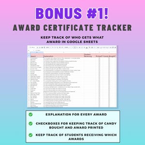 May include: A digital award certificate tracker in Google Sheets. The purple header reads "BONUS #1! AWARD CERTIFICATE TRACKER". The spreadsheet includes columns for awards, explanations, student names, and checkboxes. The bottom section highlights features like tracking candy and printed awards.