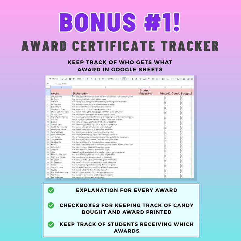 May include: A digital award certificate tracker in Google Sheets. The purple header reads "BONUS #1! AWARD CERTIFICATE TRACKER". The spreadsheet includes columns for awards, explanations, student names, and checkboxes. The bottom section highlights features like tracking candy and printed awards.