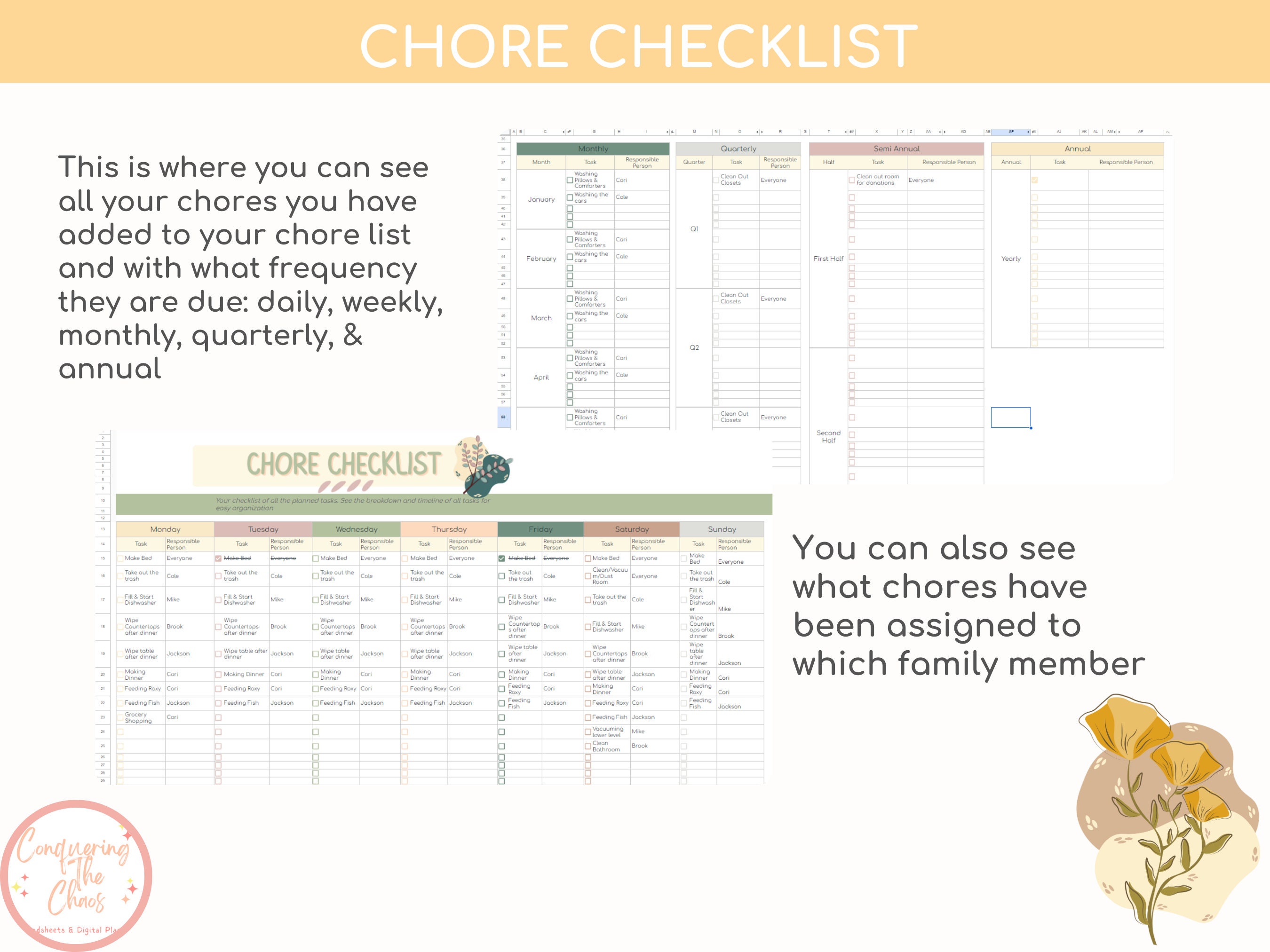 Boho Floral Family Chore Chart Easy-to-use Spreadsheet for Daily ...