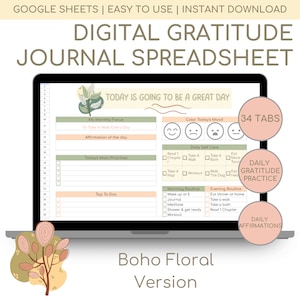 Boho Digital Digital Gratitude Journal - Daily Mindfulness Journal for Google Sheets - Self Care Planner - Wellness Journal - Mood Tracker