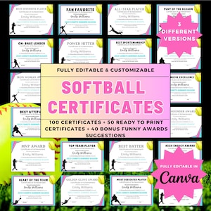 May include: A set of 100 customisable softball certificates in pink, blue and white with a softball graphic. The certificates are ready to print and include 50 bonus funny awards suggestions. The text on the image reads "Fully Editable & Customisable Softball Certificates 100 Certificates + 50 Ready to Print Certificates + 40 Bonus Funny Awards Suggestions Fully Editable in Canva".