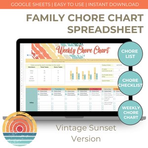 Vintage Sunset Family Chore Chart | Easy-to-use spreadsheet for daily, weekly, monthly, quarterly, & annual tasks | Customizable