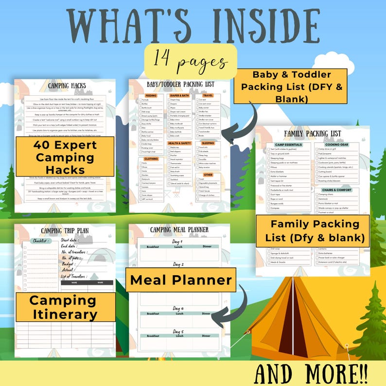 Puede incluir: Una lista de verificaci&oacute;n de camping imprimible con 14 p&aacute;ginas de informaci&oacute;n &uacute;til. La lista de verificaci&oacute;n incluye una lista de empaque para beb&eacute;s y ni&ntilde;os peque&ntilde;os, una lista de empaque familiar, un planificador de comidas para acampar, un plan de viaje para acampar y 40 consejos de expertos en acampar. La lista de verificaci&oacute;n est&aacute; ilustrada con una carpa de dibujos animados e &iacute;conos de campamento.