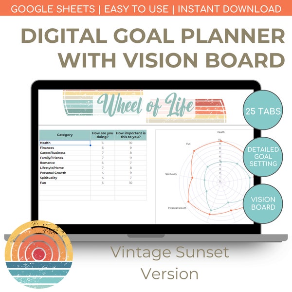 Vintage Sunset Digital Goal Planner | Vision Board | Habit Tracker | Life Values Evaluation | Project Planner | Google Sheets | Goal Tracker