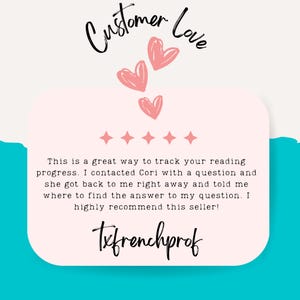 May include: A graphic with the words "Customer Love" in cursive above a pink rectangle. The rectangle contains a customer review, five pink stars, and the seller's name, "txfrenchprof."