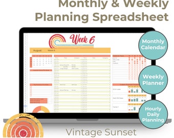 Vintage Sunset Monthly Planner: Digital Google Sheets Spreadsheet
