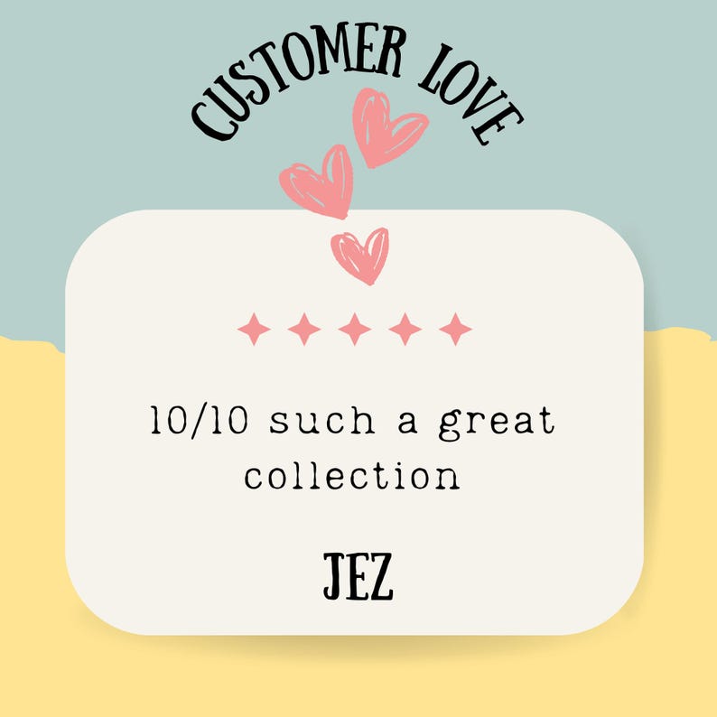 Puede incluir: Una tarjeta blanca con corazones rosas y el texto "CUSTOMER LOVE" en la parte superior. La tarjeta dice "10/10 such a great collection JEZ".