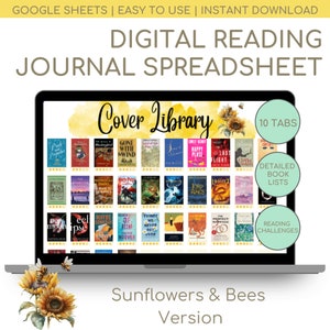 Sunflowers Digital Reading Journal | Reading Planner | Book Tracker Spreadsheet | Reading Log | Book Lover&#39;s Hub | Record up to 500 Books