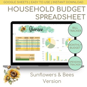 Foglio di calcolo per il budget di Sunflowers & Bees: strumento di monitoraggio delle finanze domestiche (Fogli Google)