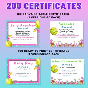 May include: A collection of four colorful certificates with candy and softball graphics. Each certificate features a different award name: Jolly Rancher, Bazooka, Ring Pop, and Whatchamacallit. Text includes "200 Certificates" and "100 Canva Editable Certificates".