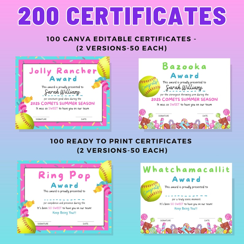 May include: A collection of four colorful certificates with candy and softball graphics. Each certificate features a different award name: Jolly Rancher, Bazooka, Ring Pop, and Whatchamacallit. Text includes "200 Certificates" and "100 Canva Editable Certificates".